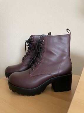 Burgundy Lace-up Boots with Chunky Heel